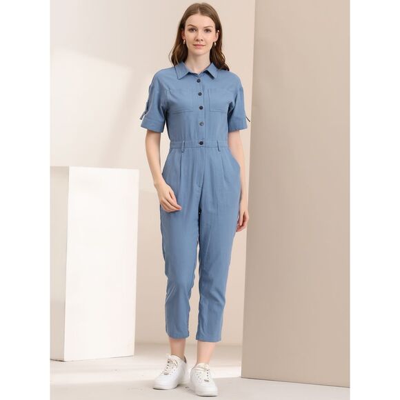 Short Sleeve Collared Cropped Button Down Tie Waist Cotton Cargo Jumpsuit Blue - Picture 4 of 6